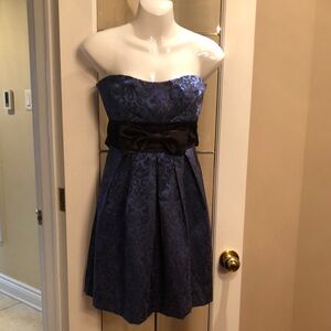 Strapless Blue Jacquard Cocktail Dress with Black Sash
